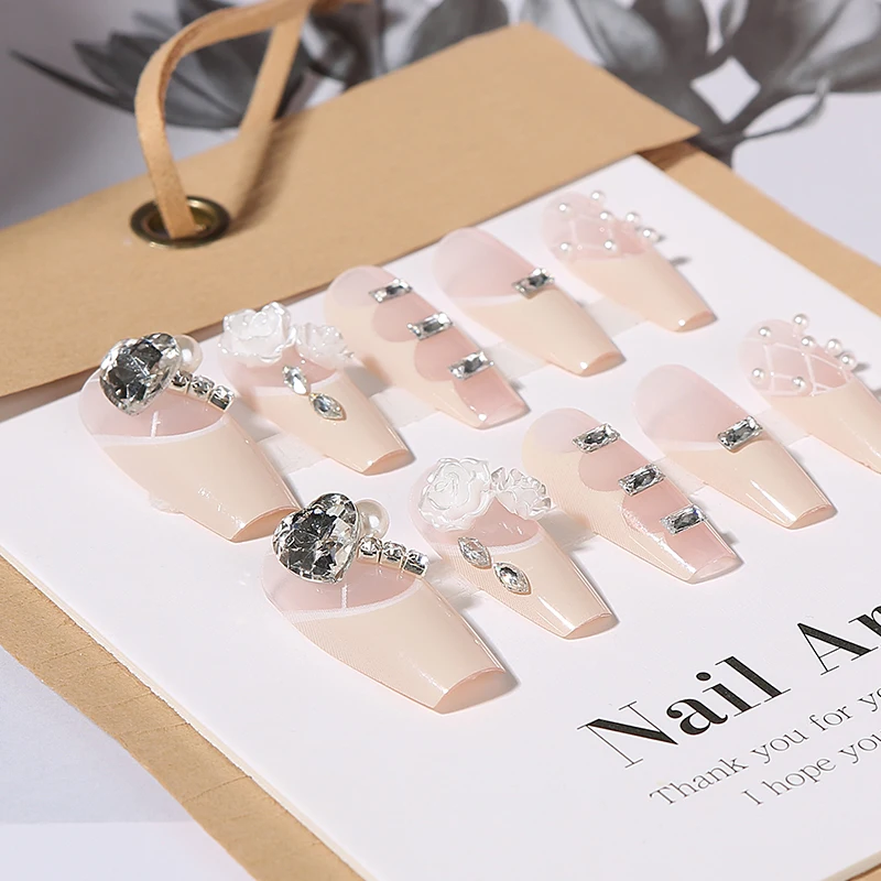 10 шт. балетные французские накладные ногти ручной работы белая камелия стразы