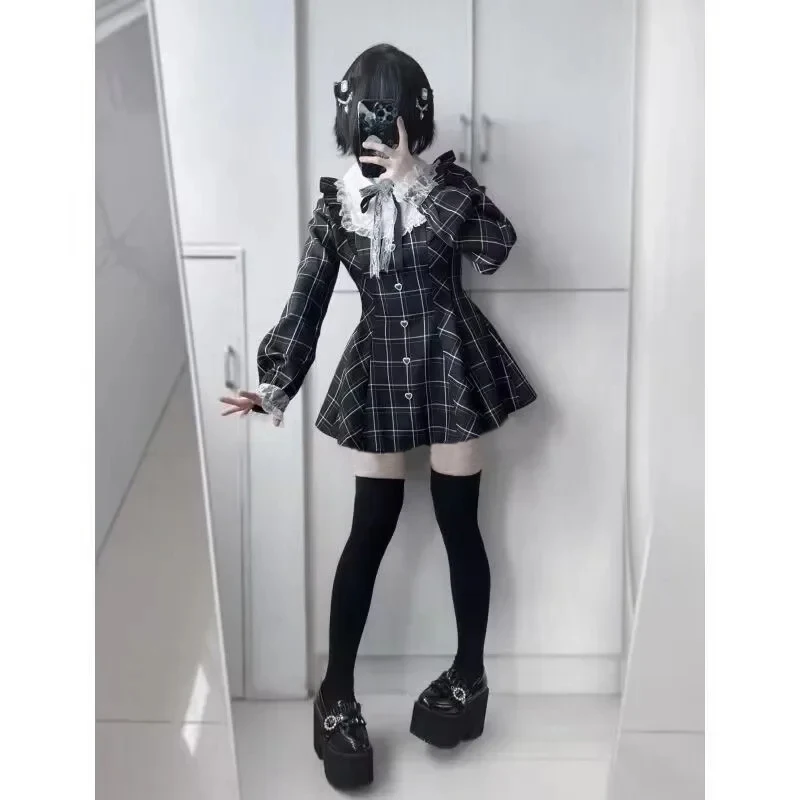 Фото Черные клетчатые платья Harajuku Sweet Bow, универсальное облегающее платье Kawaii Lolita для женщин, осеннее новое платье с длинными рукавами, Vestidos De Mujer №2