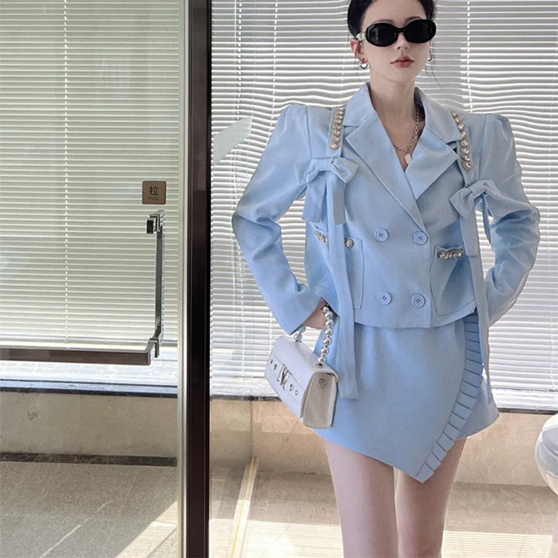 

2022 Autumn New Korean Fashion Suit Bow Short Loose Coat + High Waist Skirt 2/Two-piece Suit Western Style