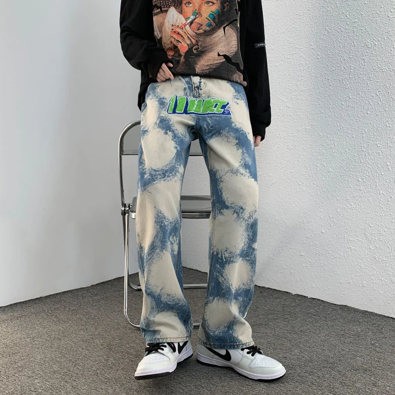 

Прямые джинсы Tie-Dye, уличные вышитые брюки в стиле хип-хоп, повседневные Прямые Широкие джинсовые брюки на все сезоны