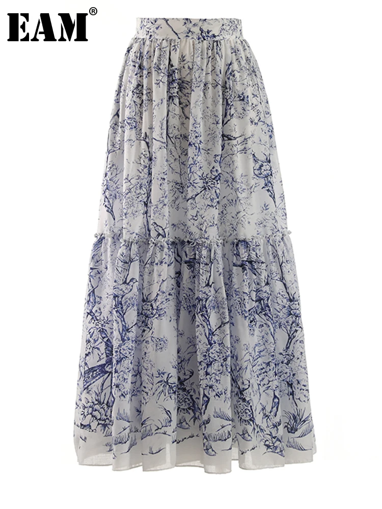 

[EAM] High Elastic Waist Blue Pattern Printed Long Elegant Half-body Skirt Women Fashion Tide New Spring Autumn 2023 1DF7392