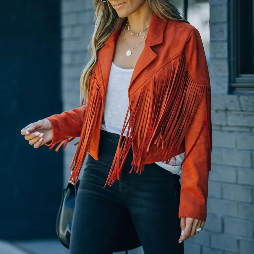 

Women Y2k Fringed Hem Tassel Cardigan Crop Tops E-girl Motor Biker Jacket Suede Leather Jacket 90s Vintage Streetwear Coat Cool