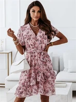 2022 women floral print dress elegant short sleeve mini dress with belt casual v neck a line summer beach dress 4a052