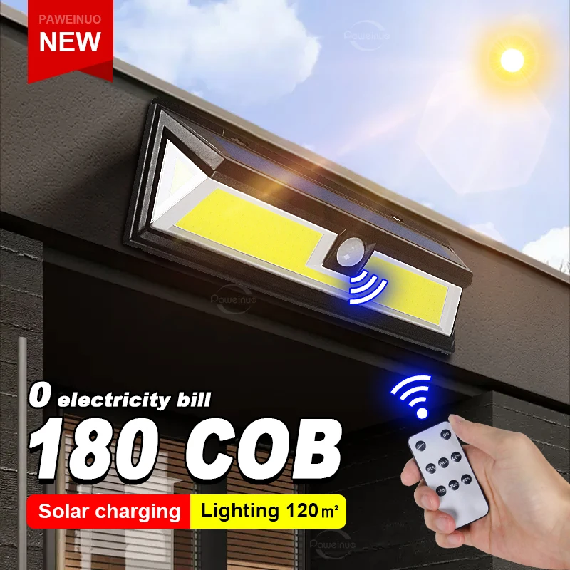 

Новый солнечный свет, наружная лампа 180 COB, самый супер яркий датчик движения, водонепроницаемый, 3 режима работы, уличные непромокаемые садовые светильники