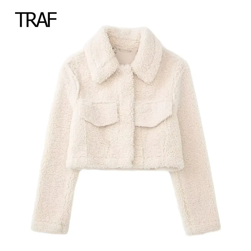 

Женское шерстяное короткое пальто TRAF, Осеннее белое пальто с длинным рукавом и воротником с лацканами, пальто с невидимыми пуговицами и передними карманами, 2023