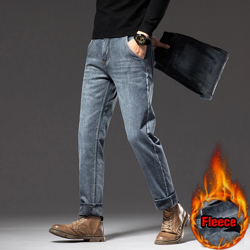 2022 Winter New Men Fleece Warm Jeans Classic Style Business Casual Regular Fit Thicken Stretch Denim Pants Male Brand Trousers