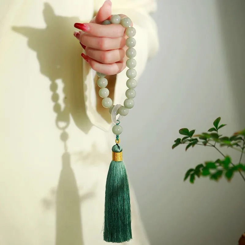 Green Jade Stone 12mm Beads Tassel Bracelet Necklace Tibetan Buddhist Mala Buddha Charm Rosary Yoga Men Woman Jewelry
