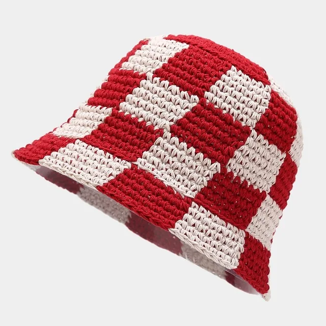 Korean Hand knit Crochet Bucket Hats Spring Summer Soft Straw Sun Hat Women Bucket Hats Plaid Designer Bob Fisherman Cap