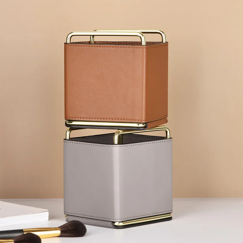 

Leather Desktop Storage Box Leather Office Pen Holder Remote Control Makeup Brush Barrel Ornaments Sundries Storage Barrel