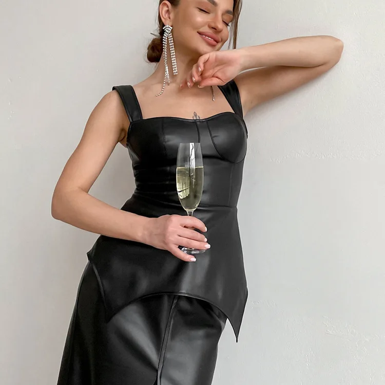 

Новая женская модная кофта из искусственной кожи без рукавов Асимметричные однотонные облегающие летние топы уличная одежда