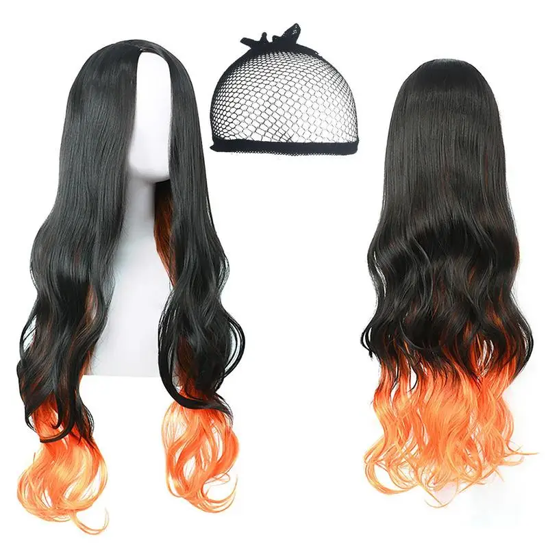 

Длинный кудрявый оранжевый и черный S для косплея Kamado Nezuko для аниме, призрак, рассекающий, косплей Nezuko, Хэллоуин, аниме