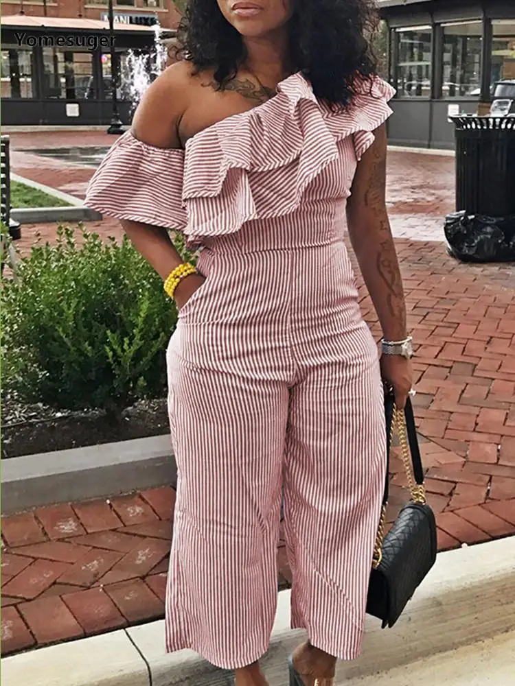

Yomesuger Striped Skaw Collar Sleeveless Ruffle Shoulder Wide Leg Jumpsuits Women 2023 Fashion Street One Piece Rompers Allovers
