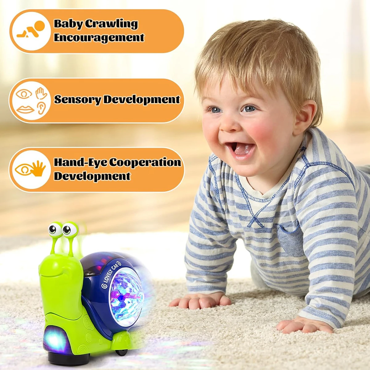 1PC Crawling Snail Baby Toy Walking Tummy for Babies Interactive Musical Light up Toys (Green snail)
