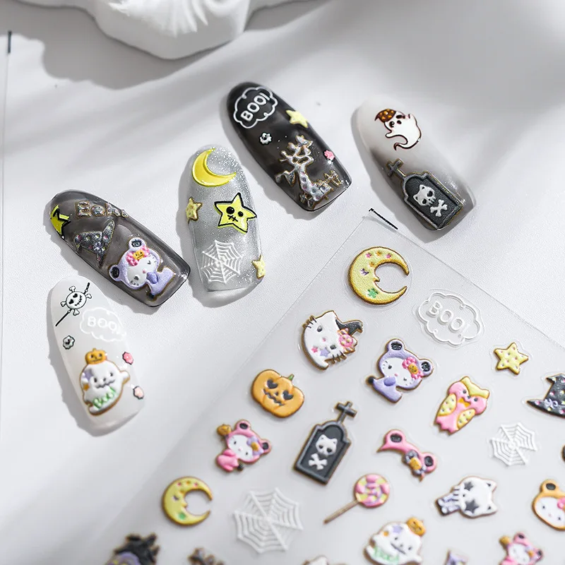 

Anime Embossed Nail Stickers Halloween Series Cartoon Kawaii KT 5D Tough Nail Decorative Stickers Adhesive Backing Nail Stickers