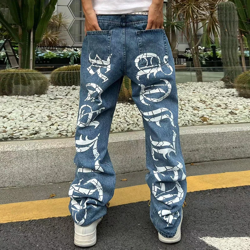 

High Street Sanskrit Carck Print Straight Jeans Pants for Men and Women Vibe Style Loose Washed Retro Casual Denim Trousers