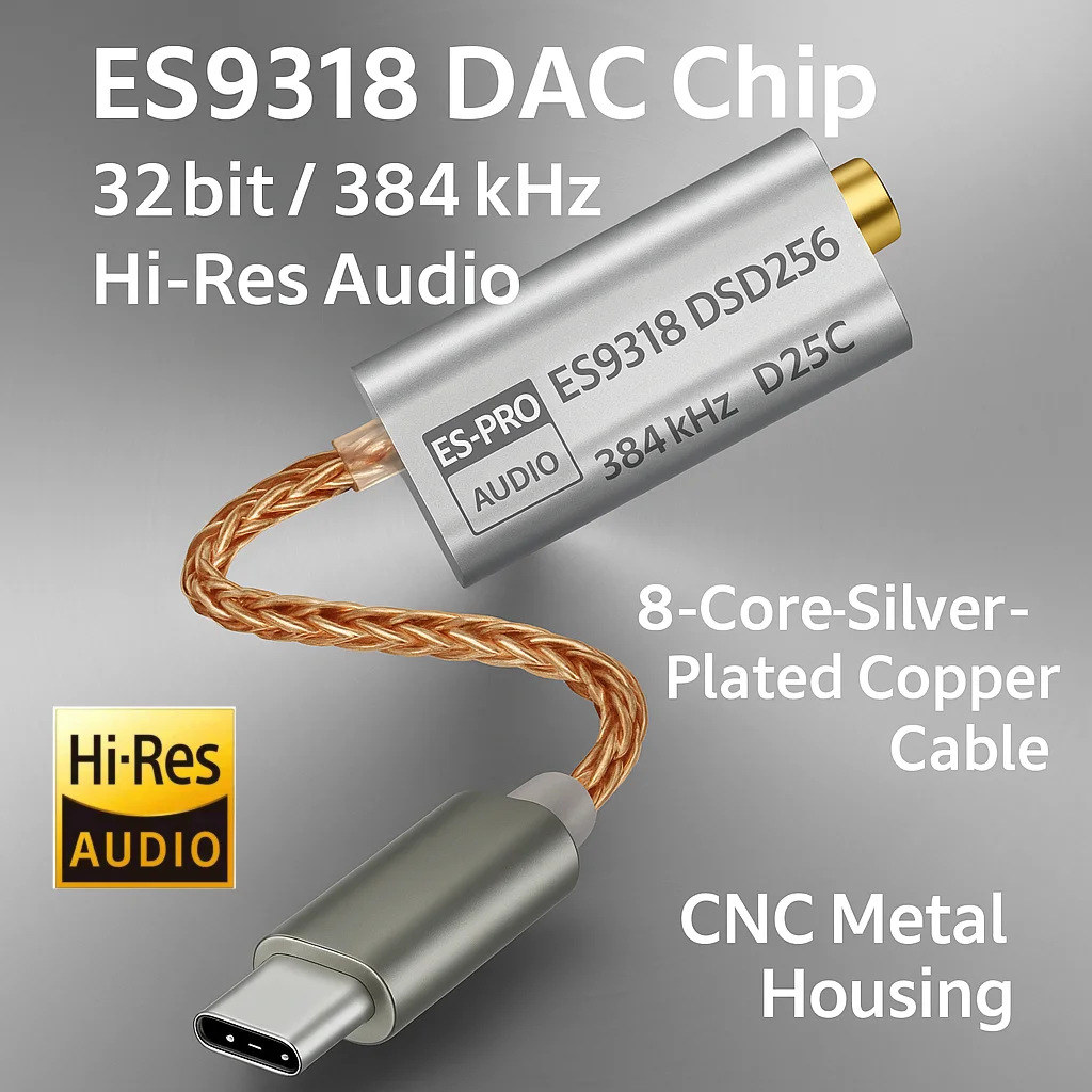 Фото ES9318 Адаптер Hi-Fi ЦАП типа C |   Чип ESS (32 бит/384 кГц, DSD256) |   Сверхнизкий уровень шума Hi-Res для Android и ПК №2
