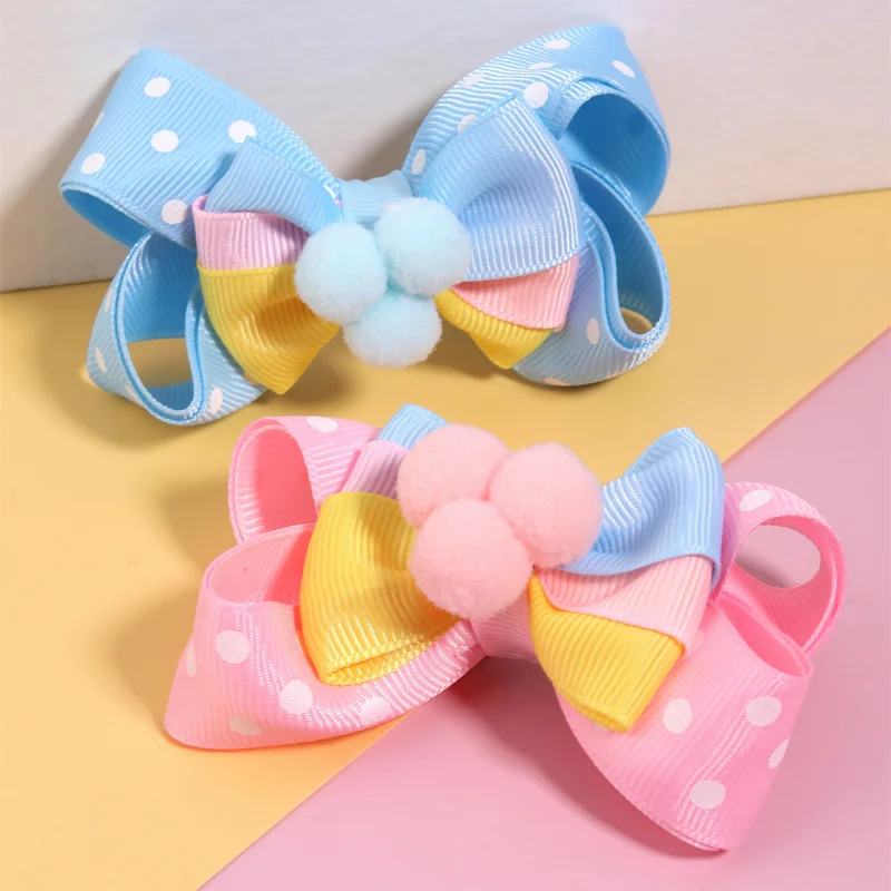 

Rainbow Bows Hair Clips Cute Rabbit Ear Fur Pom Pom Hairpin Barrettes For Baby Girls Hairgrip Headwear Children Hair Accessories