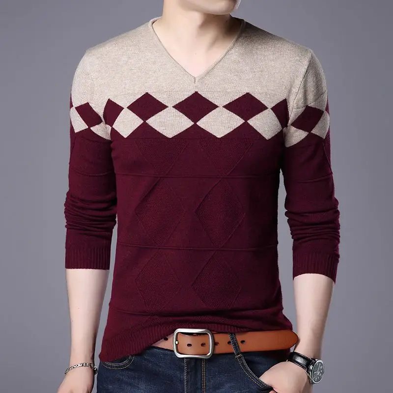 Winter Warm Men V-Neck Basic Knitwear Blouse Pullover Long Sleeve Top Male Outwear Slim Fit Stretch Fashion Knitted Sweater A131