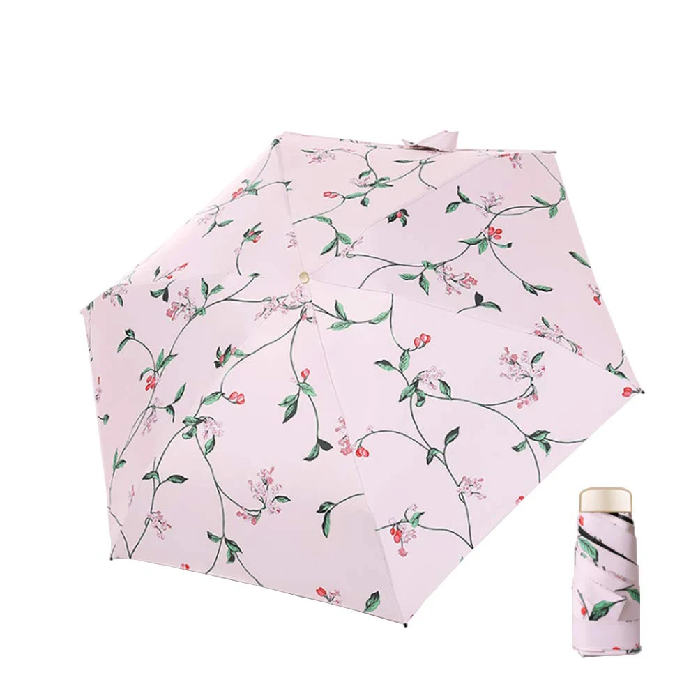 

Anti UV Outdoor With Bag Umbrella Sunny Fashion Pocket Lightweight Aluminum Waterproof Five Folding Mini Floral Travel Portable