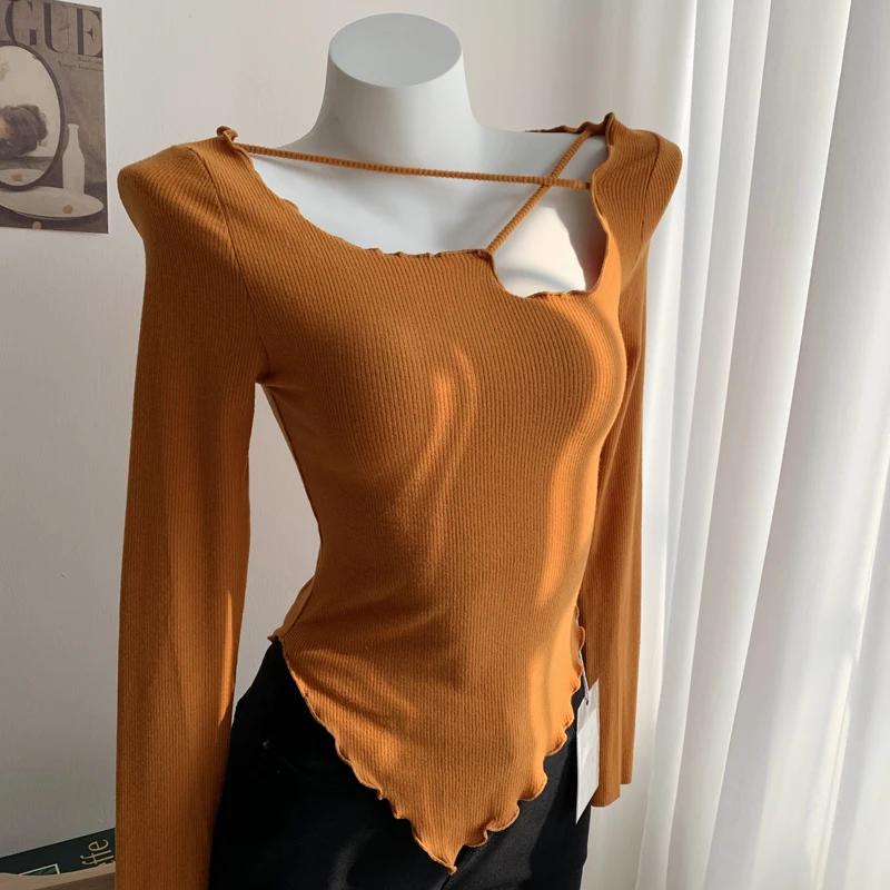 

Весенний женский свитер с перекрестной шнуровкой, сексуальный облегающий Асимметричный эластичный вязаный свитер с длинным рукавом, шикар...