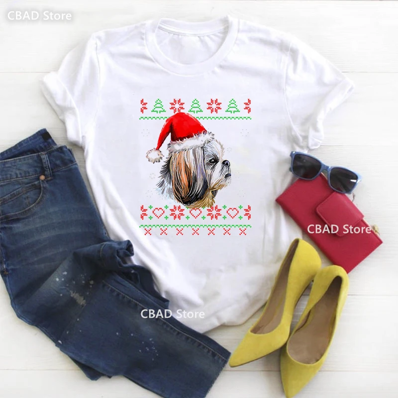 

Shih Tzus We Woof You A Merry Xmas Graphic Print Tshirt Girls Kawaii Dogs Lover T Shirt Women Best Friends T-Shirt Female Tops