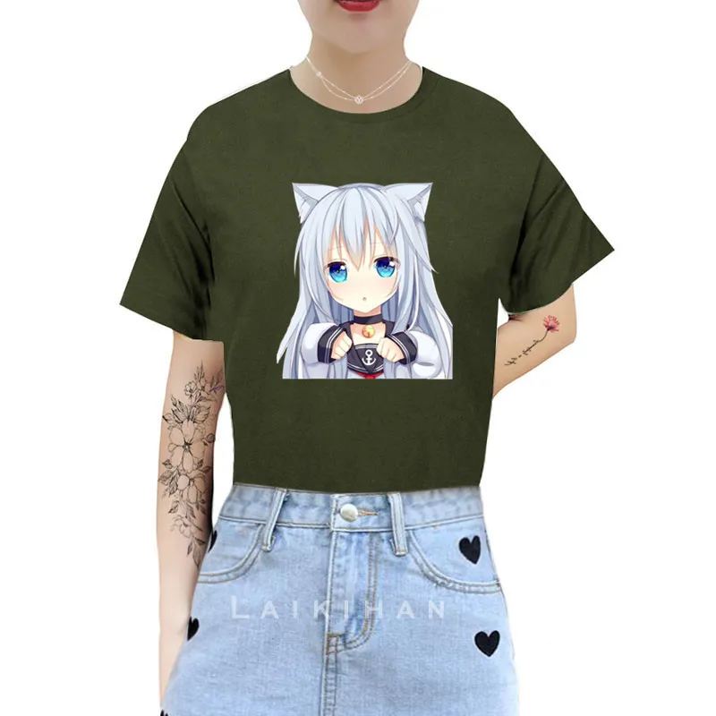 

Cute Neko Hibiki Anime Sweet Girls Japanese Streetwear Harajuku Fun Pink Kawaii Casual Tops Loose New Summer Women T-Shirt