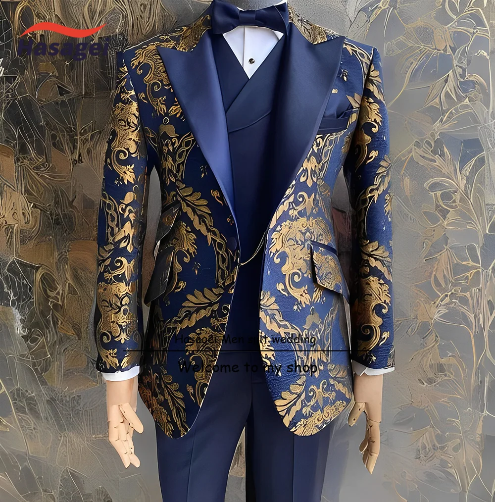 

Темно-синий мужской костюм, свадебный смокинг, жакет с вышивкой, брюки, жилет, галстук-бабочка, комплект из 4 предметов, Официальный наряд для вечеринки
