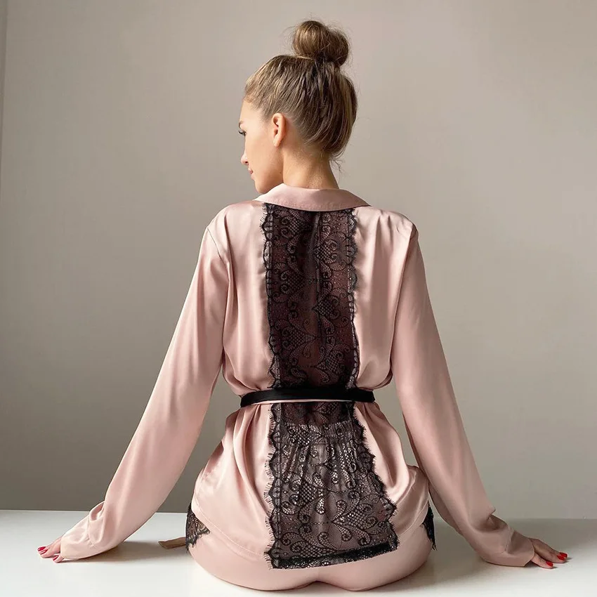 

Пикантный кружевной Пижамный костюм с вышивкой сзади, женские атласные удобные брюки, домашний пижамный комплект