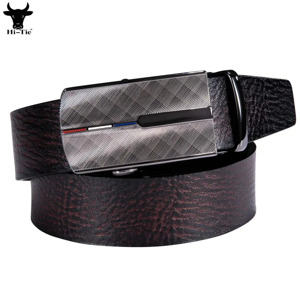 

Hi-Tie Luxury Brown Coffee Real Leather Mens Belts Metal Automatic Buckles Ratchet Waist Belt for Men Dress Jeans Formal Casual