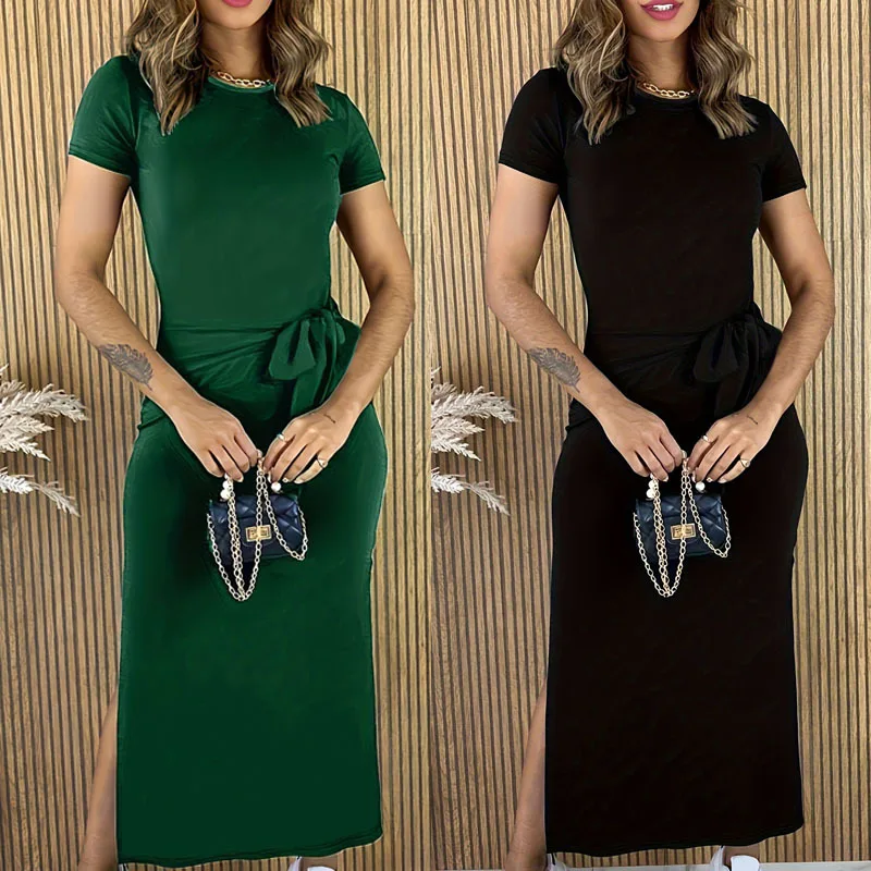 nowa długa sukienka damska modna zasznurowana z okrągłym dekoltem i rozcięciem 2024 elegancka krótkim rękawem