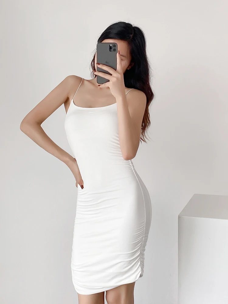 

Women Sleeveless Spaghetti Strap Mini Dresses Summer Sleeveless Elastic Slim 5 Colors Sexy Dress 2022