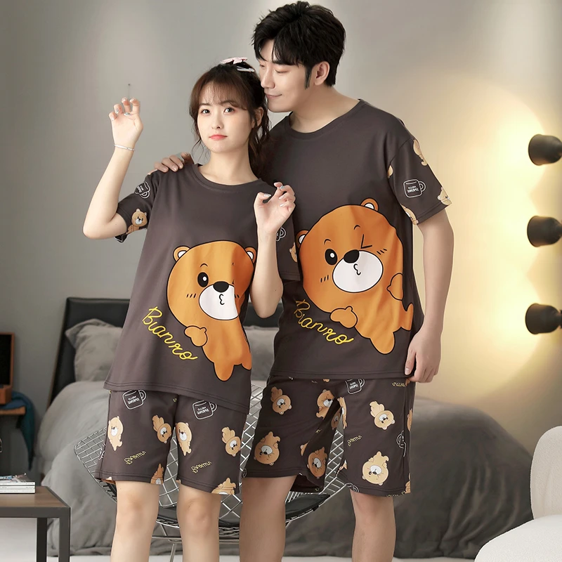 Size 5XL Summer Couple Pajamas Sets Women Pijama Cotton Korean Men Sleepwear Cartoon Bear Cute Lovers Night-Clothes Nightwear