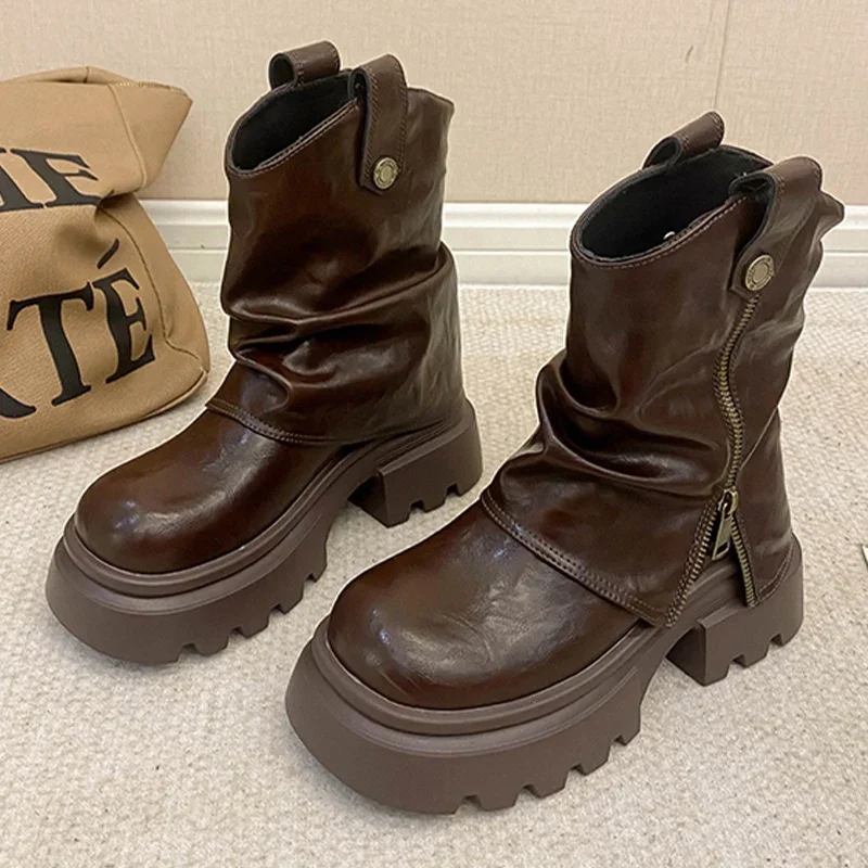 Зимние женские ботильоны на платформе модная обувь среднем массивном каблуке 2025