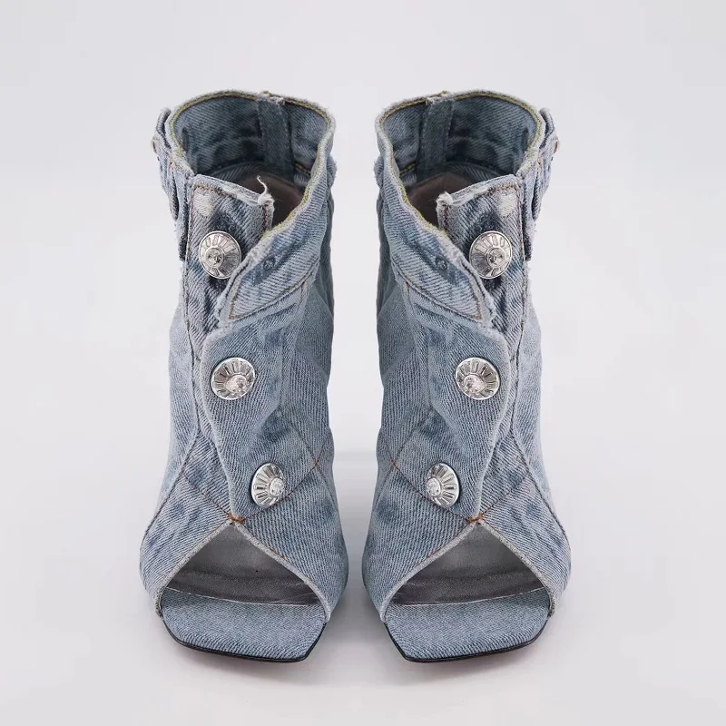 

Summer Sandals Stiletto Heel Ladies Shoes Peep Toe Pumps Woman Brand Design Pumps Classic Blue Denim Buckle Sandals Plus Size 43