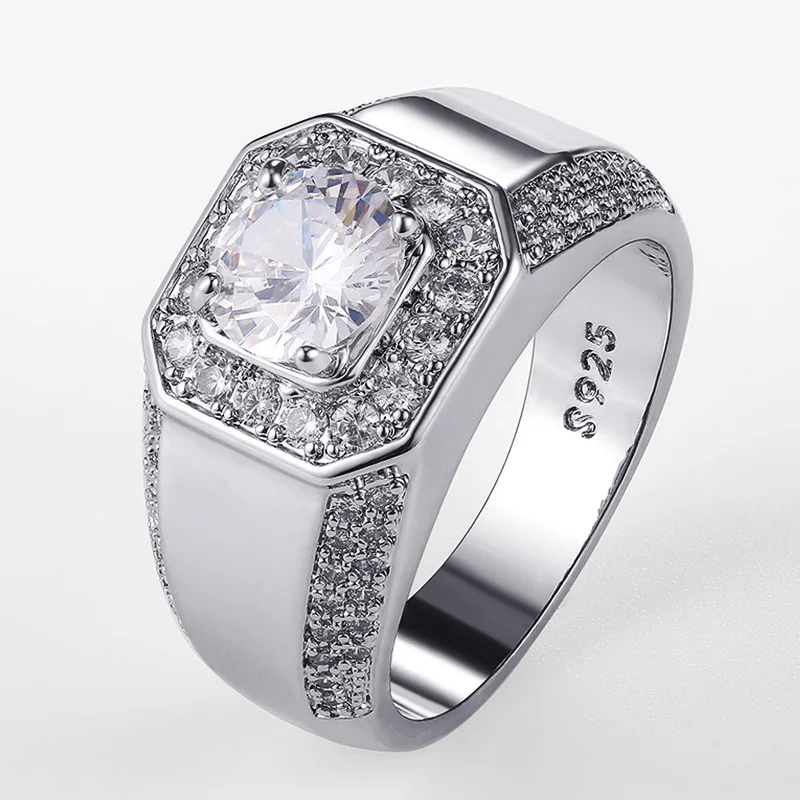 

Luxury Silver Color Men AAA Crystal Zircon Stone Wedding Ring Brilliant Noble Engagement Engage Party Plata Rings S925 Stamp