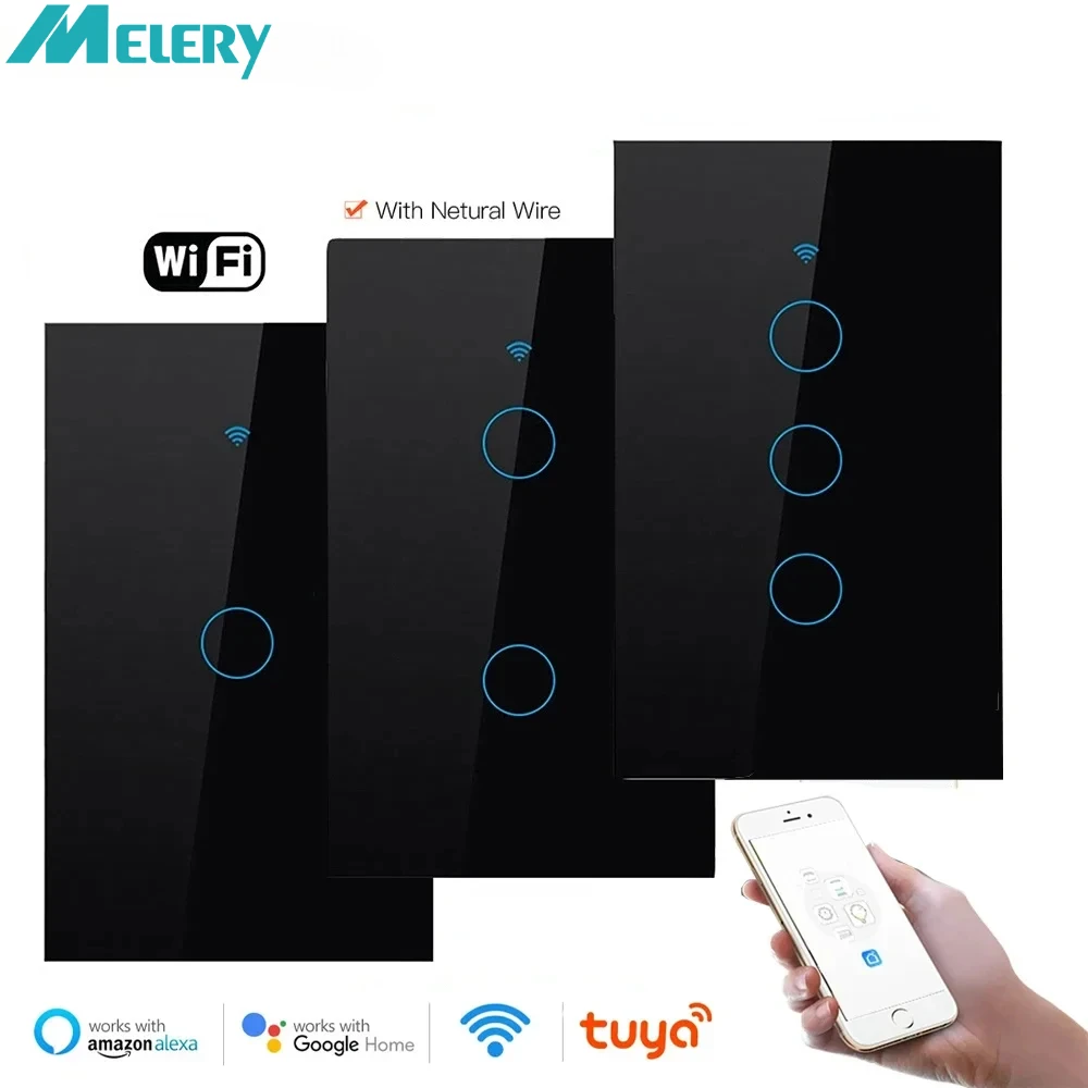 

Умный выключатель света Wi-Fi, стеклянный экран, сенсорная панель, голосовое управление, беспроводные настенные выключатели, пульт дистанционного управления с Alexa Google Home 1/2/3/4 Gang