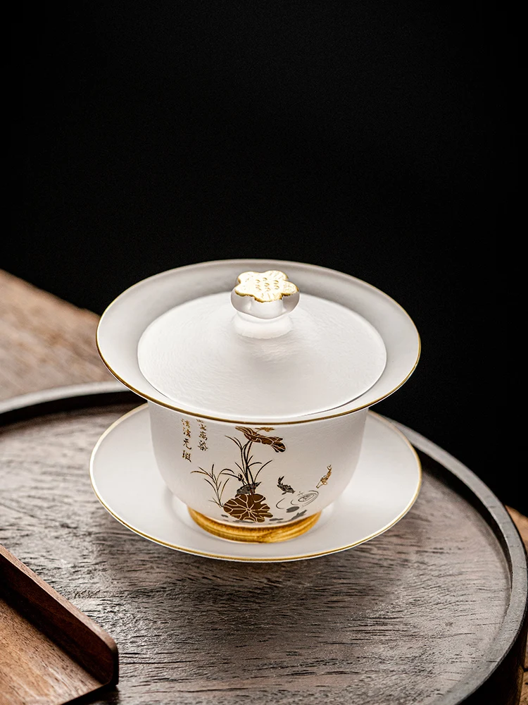 Glass Gaiwan Painted Gold Hammer Pattern Tea Making Device Tea Bowl Household Kung Fu Tea Bowl Tea Ceremony Bowl Thickened