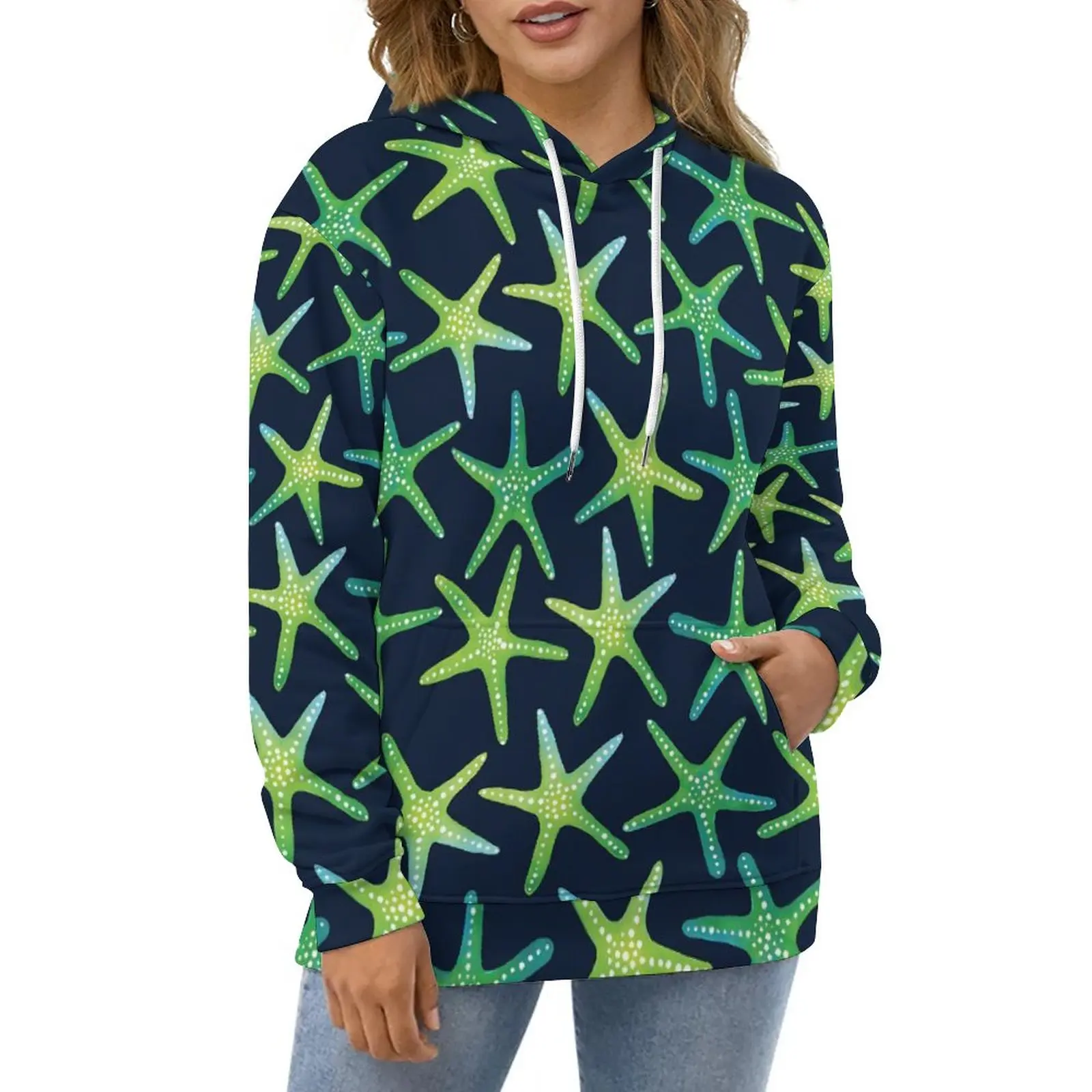 

Green Starfish Casual Hoodies Sea Creature Kawaii Pullover Hoodie Womens Long-Sleeve Classic Custom Loose Oversized Clothes