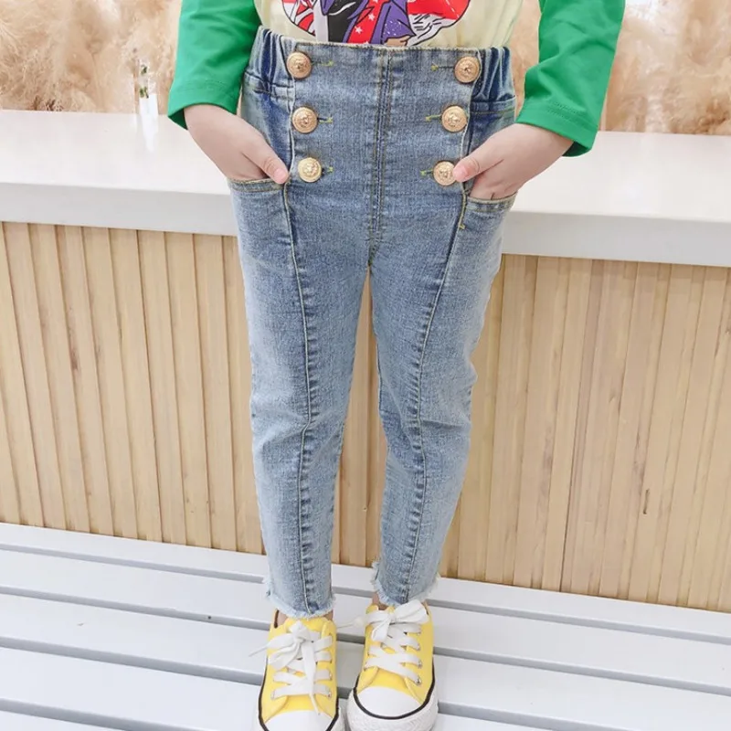 

Double Breasted Pants for Kids Spring Autumn Bottom High Waist Long Trousers Girl's Pencil Jeans Skinny Denim Pants