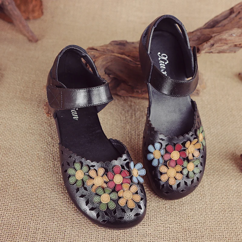 

Retro Floral Flats Luxury Genuine Leather Sandals Women Designers Cutout Mary Jane Shoes Ladies Leather Flat Sandals With Strap