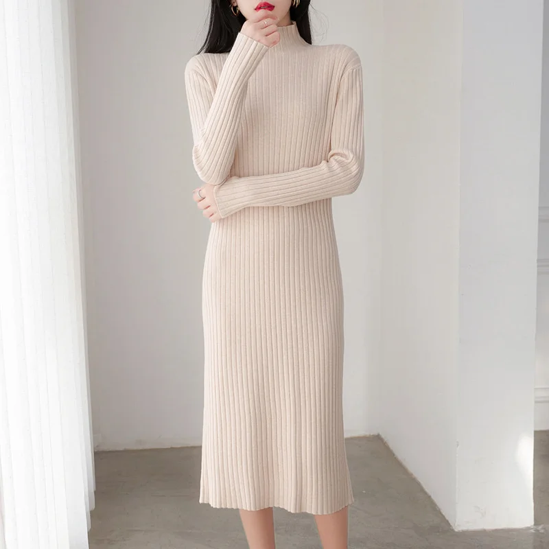 

#1033 зимнее платье-свитер, женские свободные однотонные вязаные платья с коротким воротником и длинным рукавом, Теплая эластичная ткань