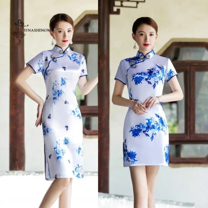 Традиционный китайский новый стиль Cheongsam мини-платья женские восточные