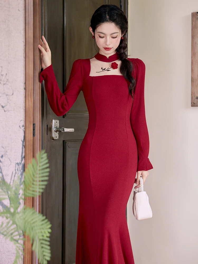 Новое китайское улучшенное красное вязаное базовое платье женское облегающее