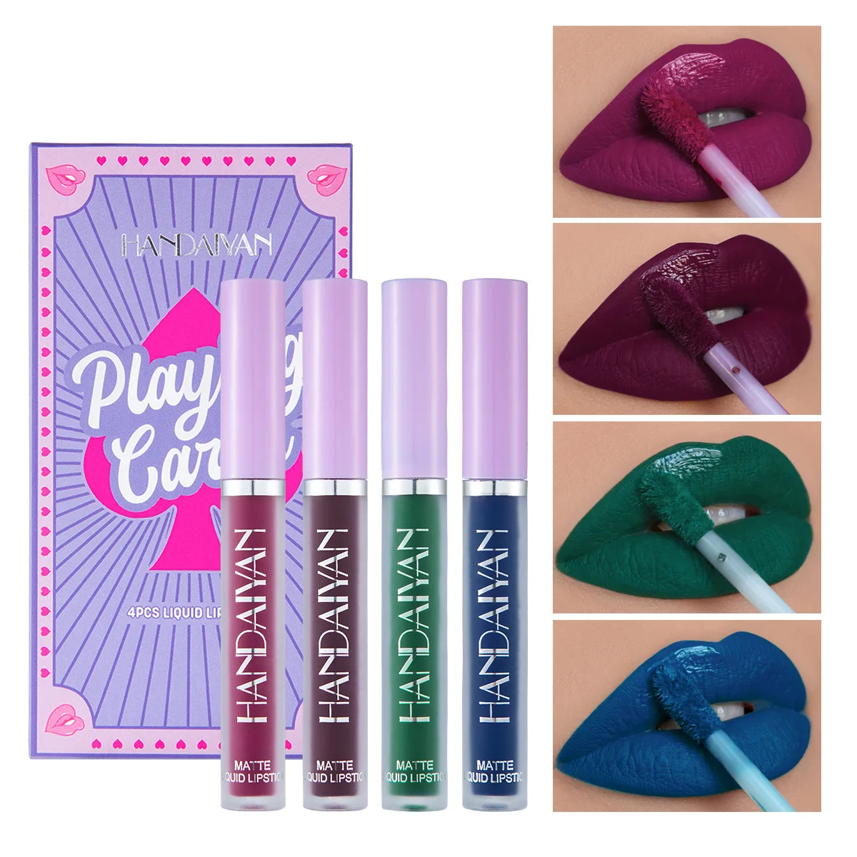 

4 Color Poker Lip Stain Set Matte Liquid Lipstick Waterproof Glitter Lasting Non-stick Cup Masquerade Green Lips Glitter Kit
