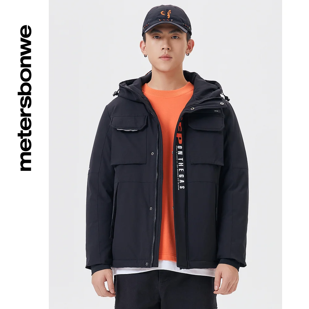 Metersbonwe Men's Multi-Pocket Hooded Cargo Down Jacket 80%Duck Down Thick Print Warm Wear Loose Male Hot Sale Winter Coat
