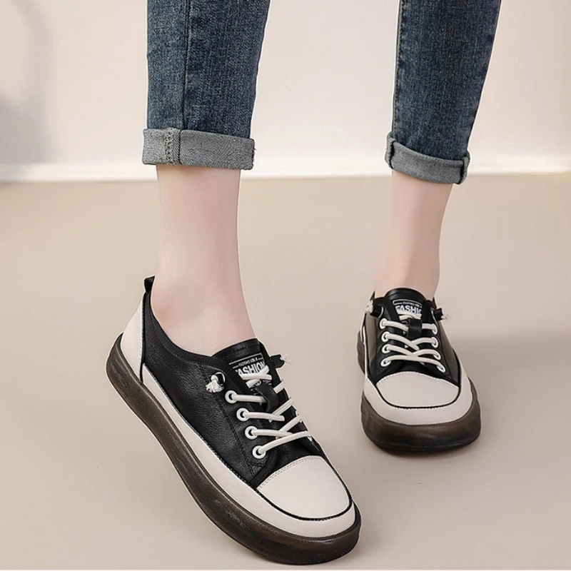 CICIYANG Genuine Leather Women Spring Flats Shoes 2023 New Lace-up White Shoes Casual Soft Sole Loafers Ladies Sneakers Handmade