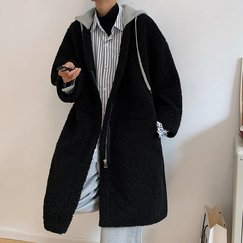 Winter Jacket Men Warm Fashion Retro Thicken Lamb Wool Jacket Men Streetwear Korean Loose Thick Long Hooded Coat Mens Overcoat