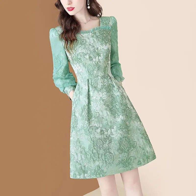 Fashion Jacquard Square Neck Dress Women Autumn 2023 Casual Design Sense Long Sleeve Slim Mid length A-line Dress Female Tops