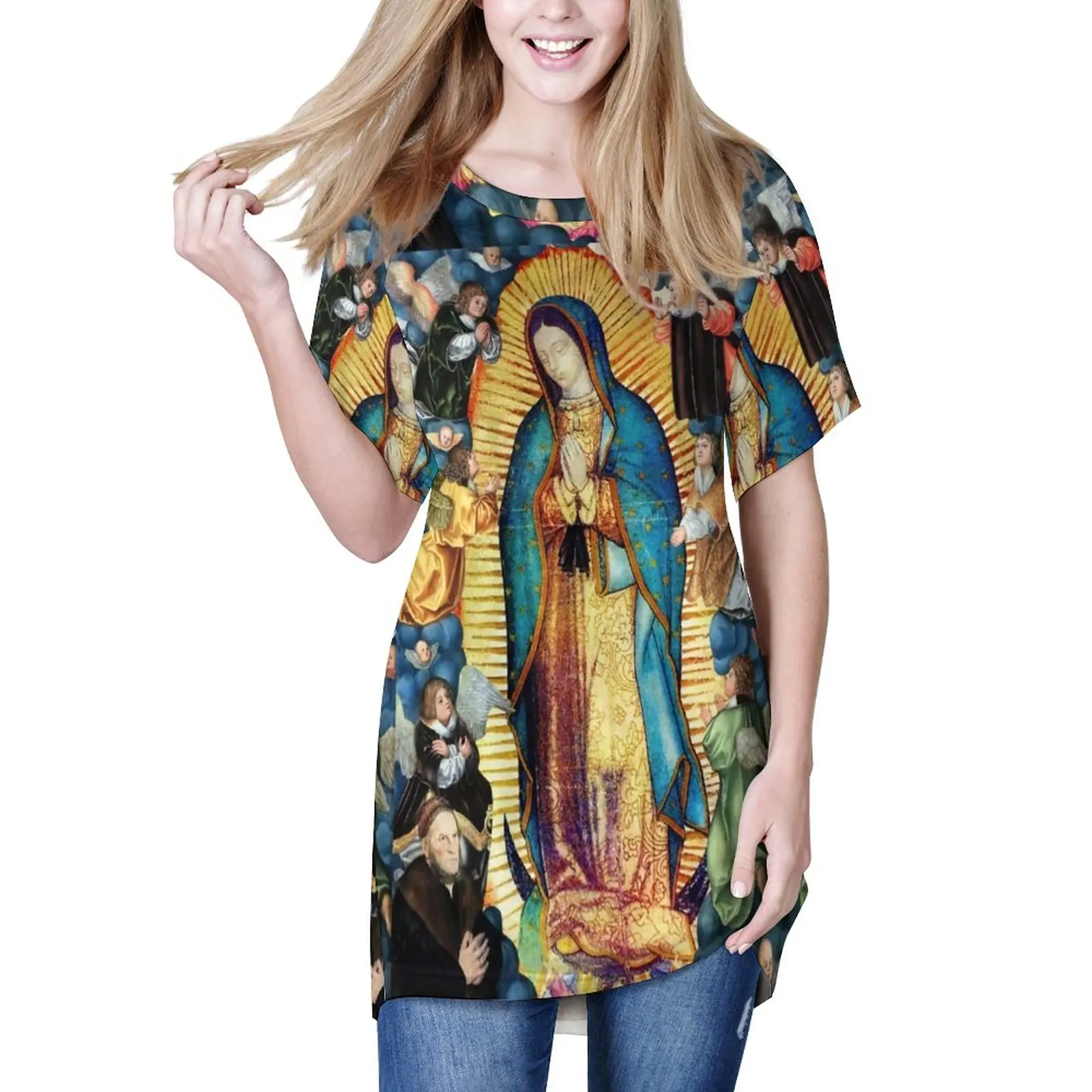 

Guadalupe Virgin Mary Long T Shirts Cute Angels Street Wear T Shirt Short Sleeve Retro Oversized Tees Women Graphic Clothes Gift