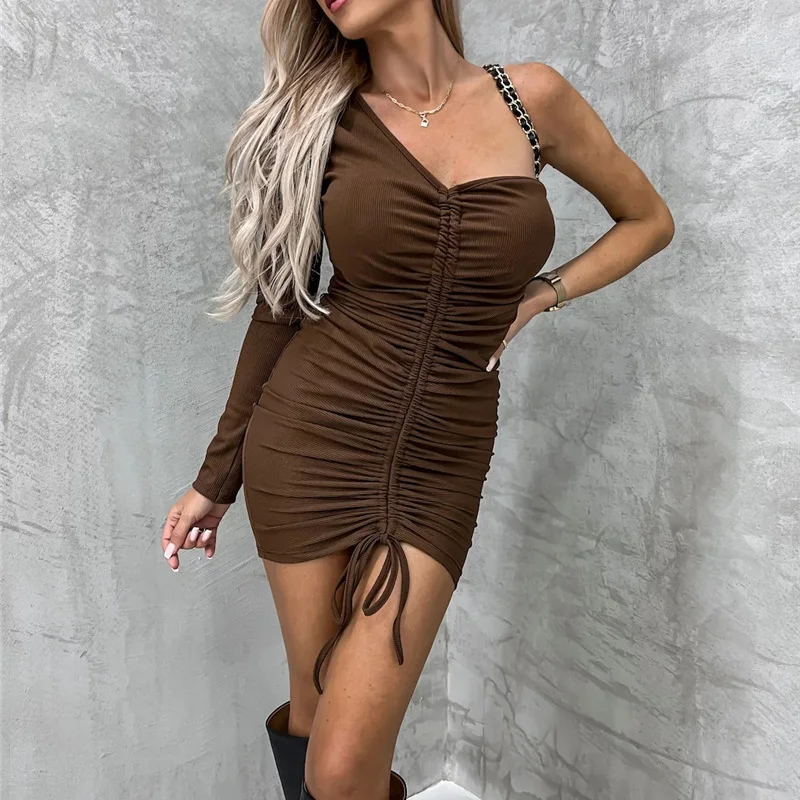

Fashion Strapless One-shoulder A-line Dress Vintage Drawstring Draped Slim Club Dress Sexy Diagonal Collar Solid Women Dresses